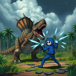 An epic battle scene featuring Sans from the video game Undertale engaged in a fierce fight against a massive Spinosaurus in a dramatic and cinematic setting