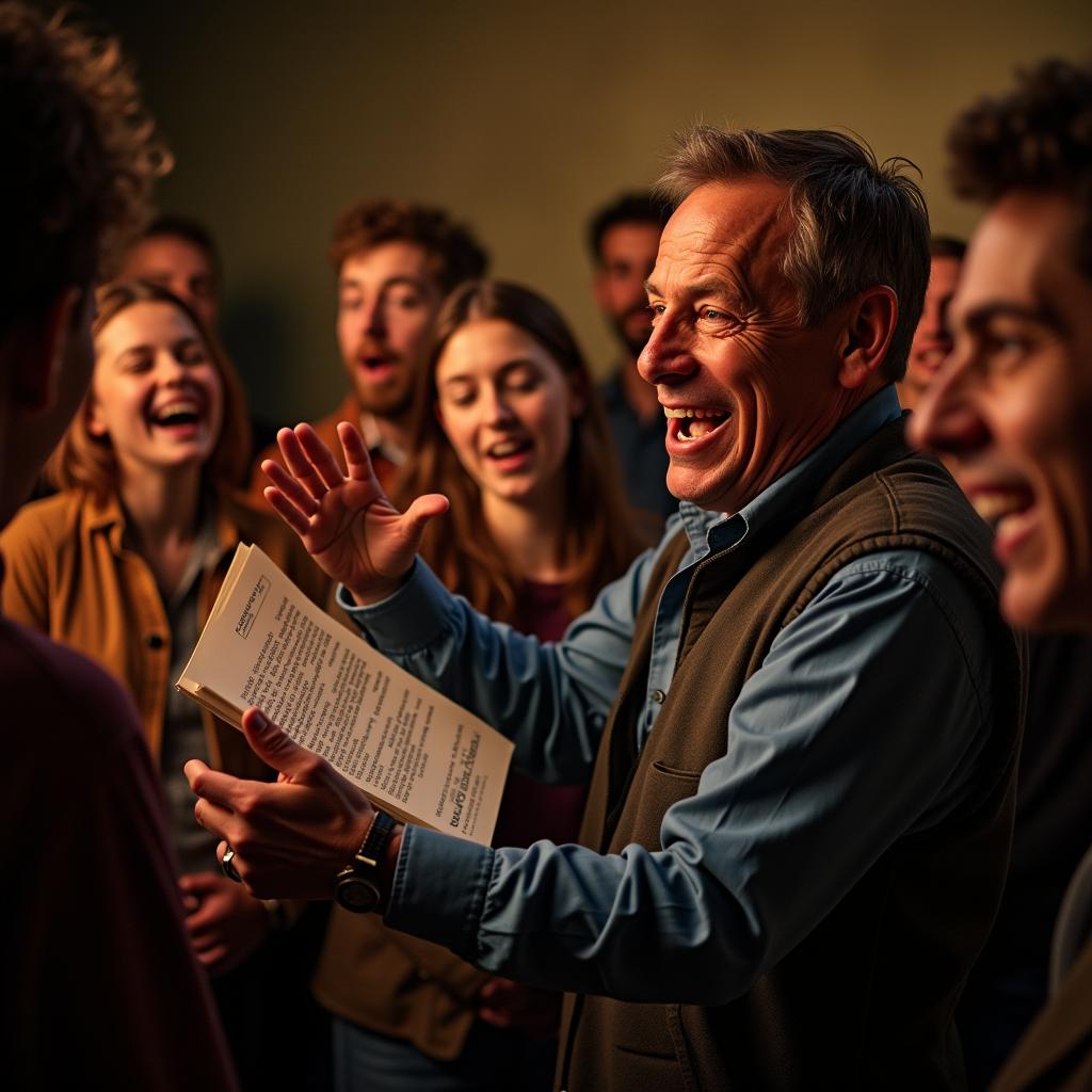 A vibrant scene depicting a tour guide passionately telling a story, captured in dramatic lighting that highlights their expressive features