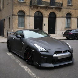 An imposing image of the matte black 2024 Nissan GT-R, with its 3.8-liter V6, 24-valve, twin-turbocharged engine, parked on the historical streets of London.