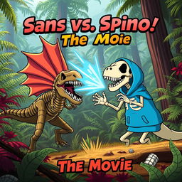 An action-packed scene depicting a chubby skeleton version of Sans from Undertale engaged in an intense battle against an accurate and menacing Spinosaurus