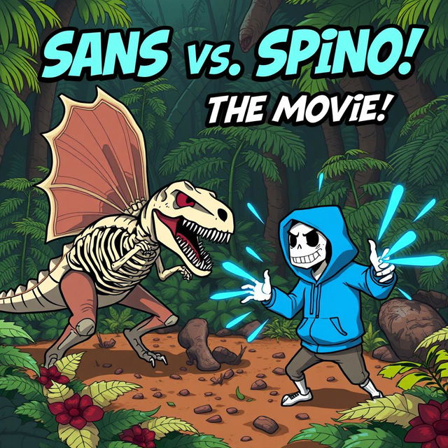 An action-packed scene depicting a chubby skeleton version of Sans from Undertale engaged in an intense battle against an accurate and menacing Spinosaurus