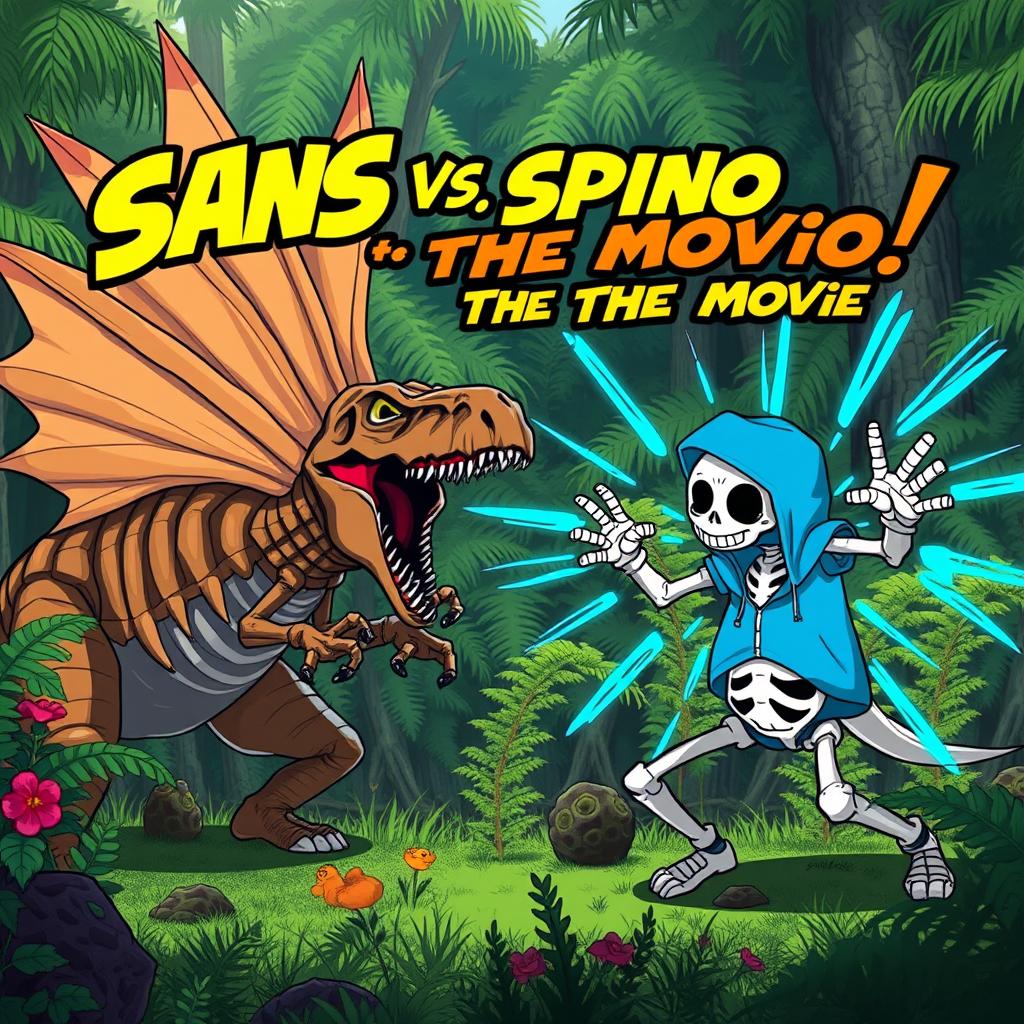 An action-packed scene depicting a chubby skeleton version of Sans from Undertale engaged in an intense battle against an accurate and menacing Spinosaurus