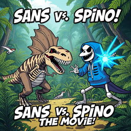 An action-packed scene depicting a chubby skeleton version of Sans from Undertale engaged in an intense battle against an accurate and menacing Spinosaurus