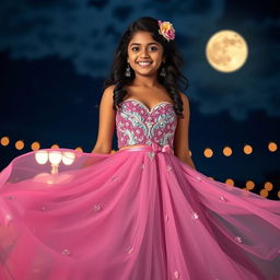 A stunning Indian girl wearing a vibrant, elegant prom dress that flows gracefully around her