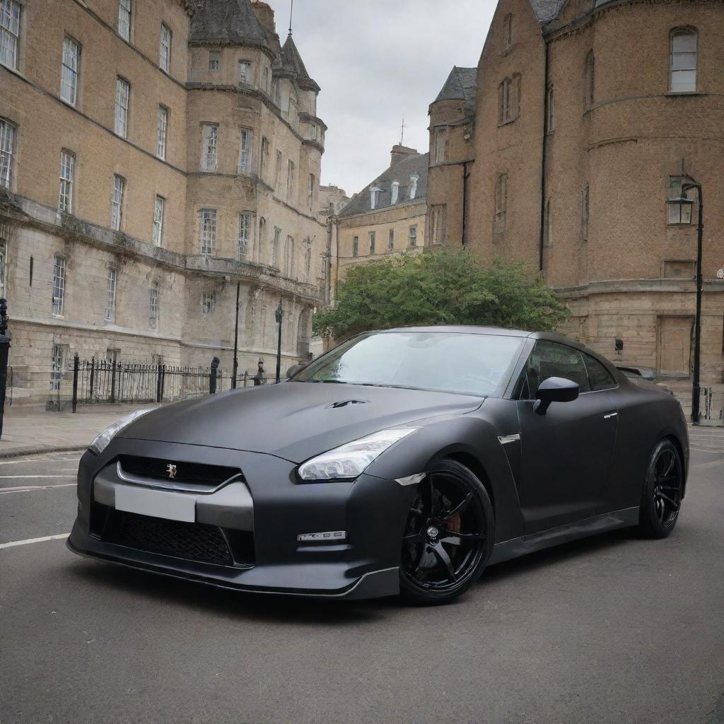 An imposing image of the matte black 2024 Nissan GT-R, with its 3.8-liter V6, 24-valve, twin-turbocharged engine, parked on the historical streets of London.