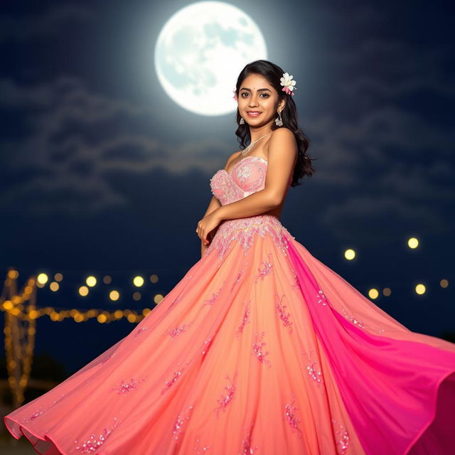 A stunning Indian girl wearing a vibrant, elegant prom dress that flows gracefully around her