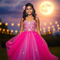 A stunning Indian girl wearing a vibrant, elegant prom dress that flows gracefully around her