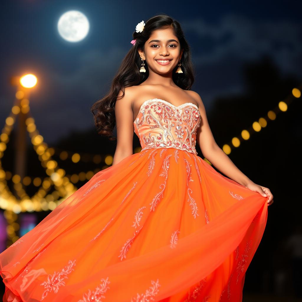 A stunning Indian girl wearing a vibrant, elegant prom dress that flows gracefully around her