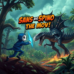 An exciting battle scene featuring Undertale's Sans, depicted in his signature blue hoodie and skull face, engaging in a dramatic fight against a life-like, accurate Spinosaurus