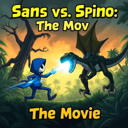 An exciting battle scene featuring Undertale's Sans, depicted in his signature blue hoodie and skull face, engaging in a dramatic fight against a life-like, accurate Spinosaurus