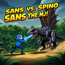 An exciting battle scene featuring Undertale's Sans, depicted in his signature blue hoodie and skull face, engaging in a dramatic fight against a life-like, accurate Spinosaurus