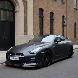 An imposing image of the matte black 2024 Nissan GT-R, with its 3.8-liter V6, 24-valve, twin-turbocharged engine, parked on the historical streets of London.