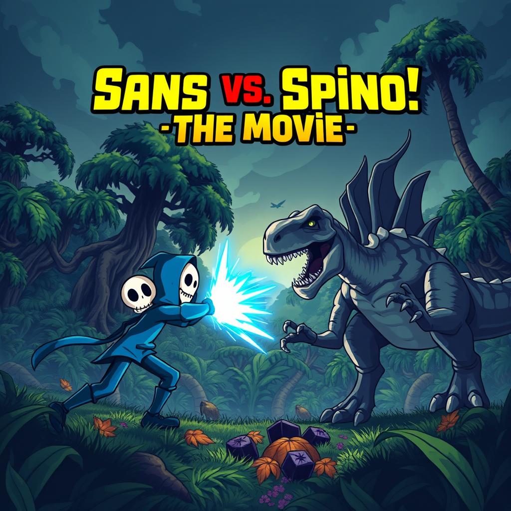 An exciting battle scene featuring Undertale's Sans, depicted in his signature blue hoodie and skull face, engaging in a dramatic fight against a life-like, accurate Spinosaurus