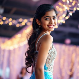 A portrait of a stylish 14-year-old Indian girl wearing a glamorous, short prom dress that is form-fitting and accentuates her elegant silhouette