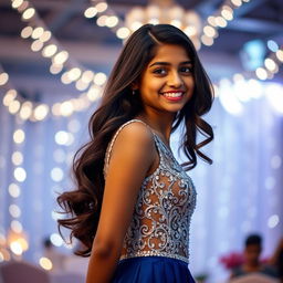 A portrait of a stylish 14-year-old Indian girl wearing a glamorous, short prom dress that is form-fitting and accentuates her elegant silhouette