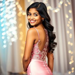 A portrait of a stylish 14-year-old Indian girl wearing a glamorous, short prom dress that is form-fitting and accentuates her elegant silhouette