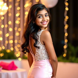 A portrait of a stylish 14-year-old Indian girl wearing a glamorous, short prom dress that is form-fitting and accentuates her elegant silhouette