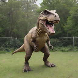 Now in the prehistoric wildlife sanctuary, illustrate the T-Rex safely enclosed within a robust electric fence, showcasing advanced technology being used for the welfare of the fearsome creature.