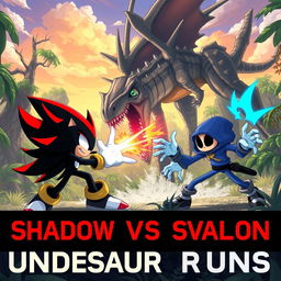 An intense battle scene featuring Shadow the Hedgehog alongside Sans from Undertale, both engaging in an epic fight against an accurately depicted Spinosaurus