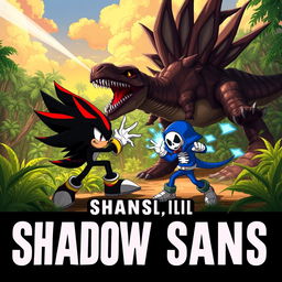 An intense battle scene featuring Shadow the Hedgehog alongside Sans from Undertale, both engaging in an epic fight against an accurately depicted Spinosaurus