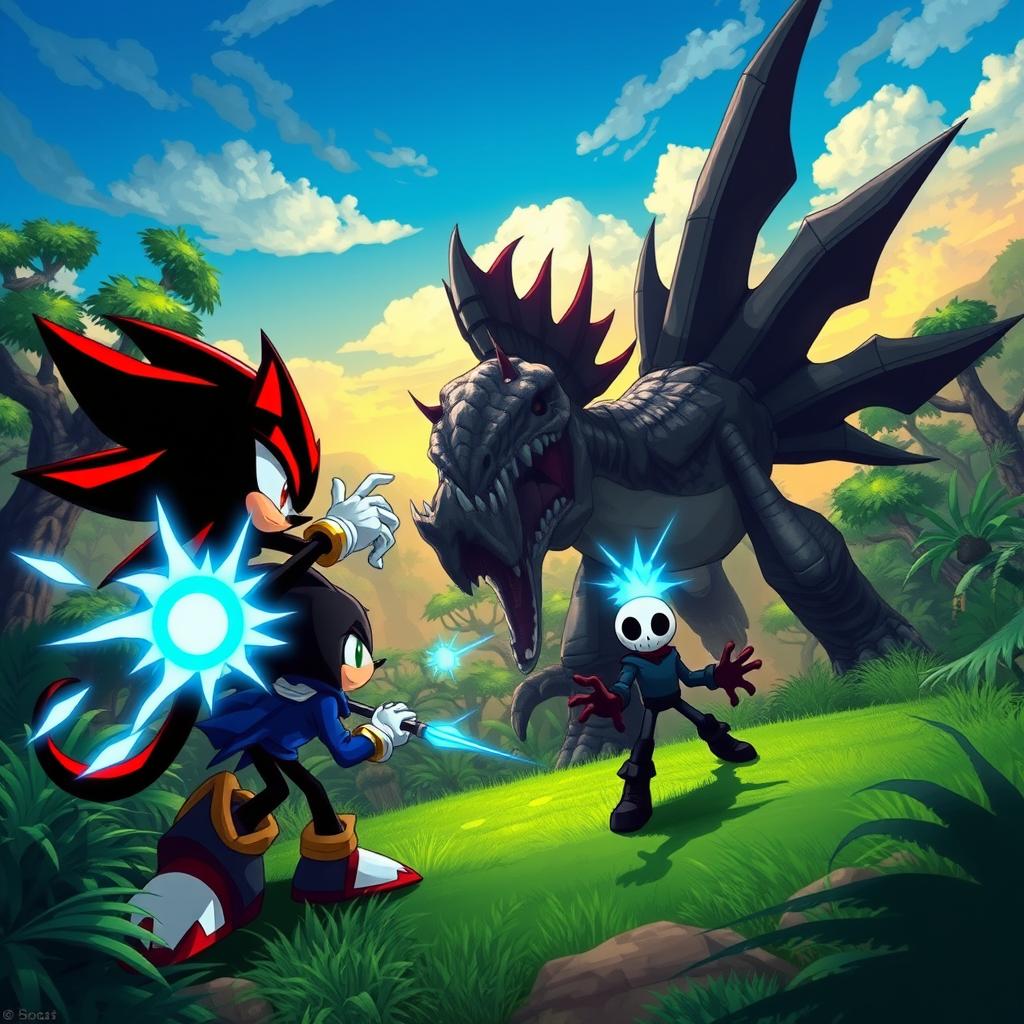 An intense battle scene featuring Shadow the Hedgehog alongside Sans from Undertale, both engaging in an epic fight against an accurately depicted Spinosaurus