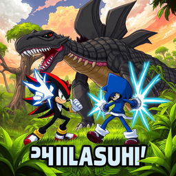 An intense battle scene featuring Shadow the Hedgehog alongside Sans from Undertale, both engaging in an epic fight against an accurately depicted Spinosaurus