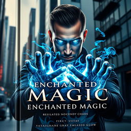 A striking book cover for 'ENCHANTED MAGIC', featuring a man with a captivating blue glow emanating from his eyes, depicted in a three-quarter view