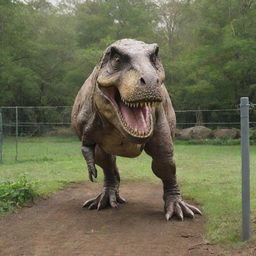 Now in the prehistoric wildlife sanctuary, illustrate the T-Rex safely enclosed within a robust electric fence, showcasing advanced technology being used for the welfare of the fearsome creature.