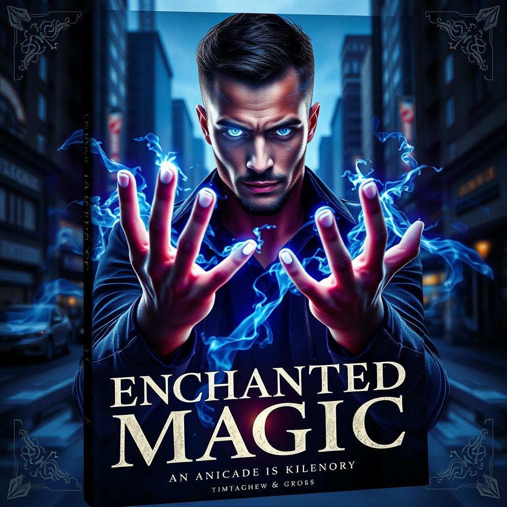 A striking book cover for 'ENCHANTED MAGIC', featuring a man with a captivating blue glow emanating from his eyes, depicted in a three-quarter view