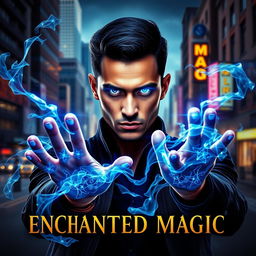 A striking book cover for 'ENCHANTED MAGIC', featuring a man with a captivating blue glow emanating from his eyes, depicted in a three-quarter view