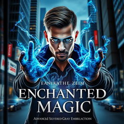 A striking book cover for 'ENCHANTED MAGIC', featuring a man with a captivating blue glow emanating from his eyes, depicted in a three-quarter view