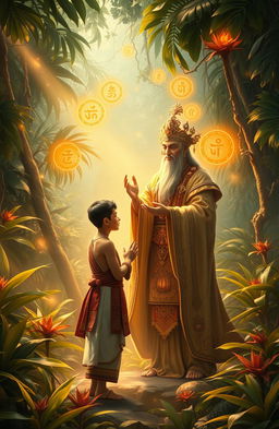 A mystical and powerful scene depicting a traditional ancestral guardian spirit (khodam) assisting a human figure