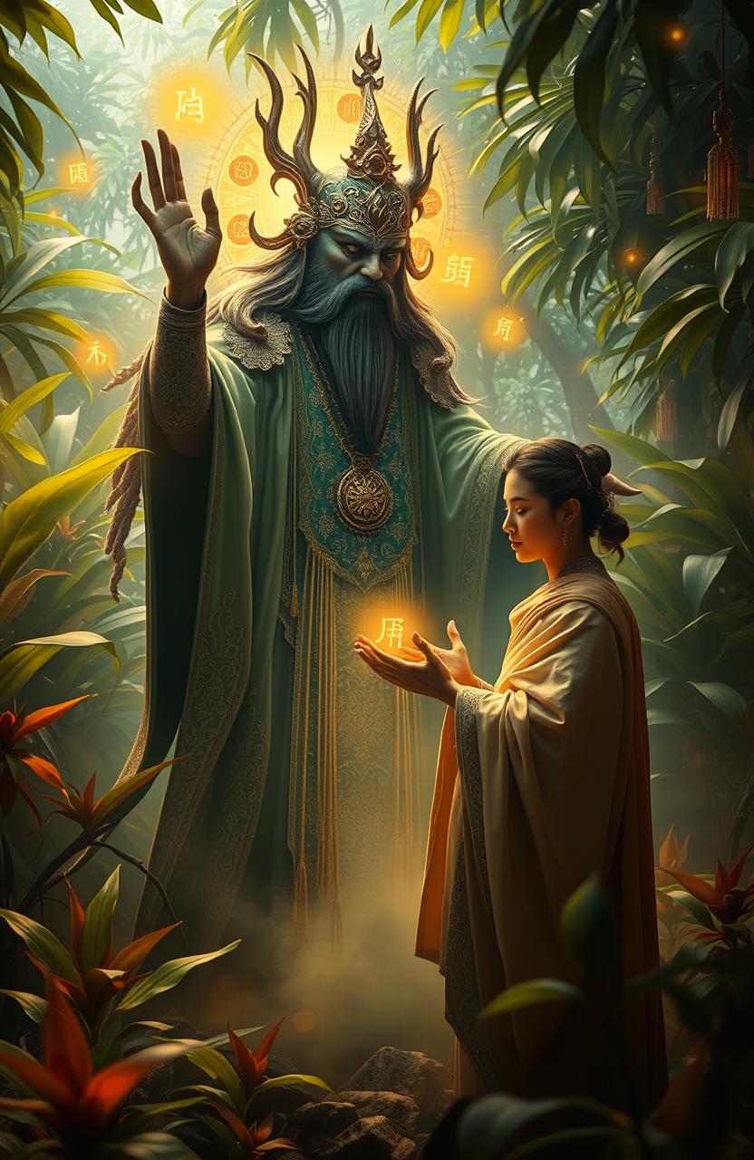 A mystical and powerful scene depicting a traditional ancestral guardian spirit (khodam) assisting a human figure