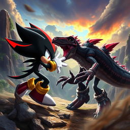 An exhilarating battle scene featuring Shadow the Hedgehog engaged in a fierce fight against a Utahraptor