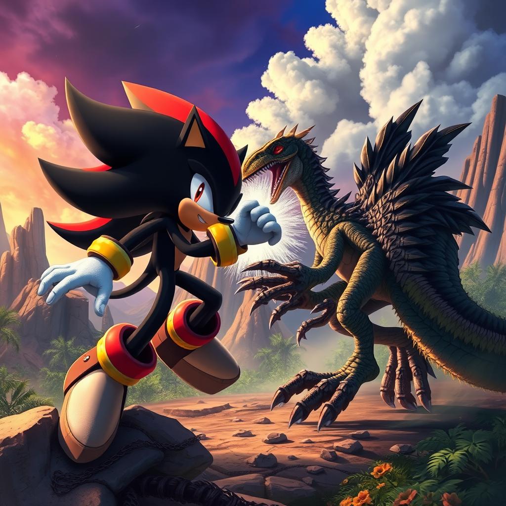 An exhilarating battle scene featuring Shadow the Hedgehog engaged in a fierce fight against a Utahraptor