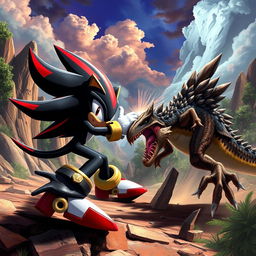 An exhilarating battle scene featuring Shadow the Hedgehog engaged in a fierce fight against a Utahraptor