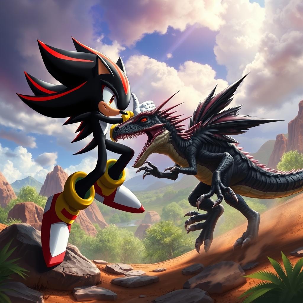 An exhilarating battle scene featuring Shadow the Hedgehog engaged in a fierce fight against a Utahraptor