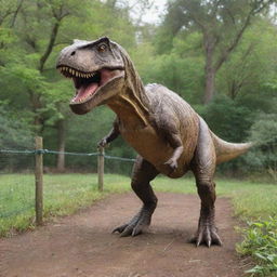 Now in the prehistoric wildlife sanctuary, illustrate the T-Rex safely enclosed within a robust electric fence, showcasing advanced technology being used for the welfare of the fearsome creature.