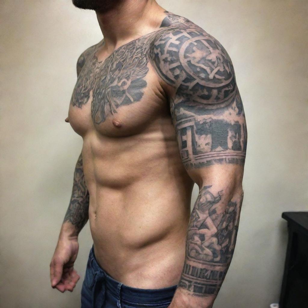 Design a full sleeve tattoo with Greek elements - the symbol of war, scenes of Greek boxing and Greco-Roman wrestling etched in intricate details.