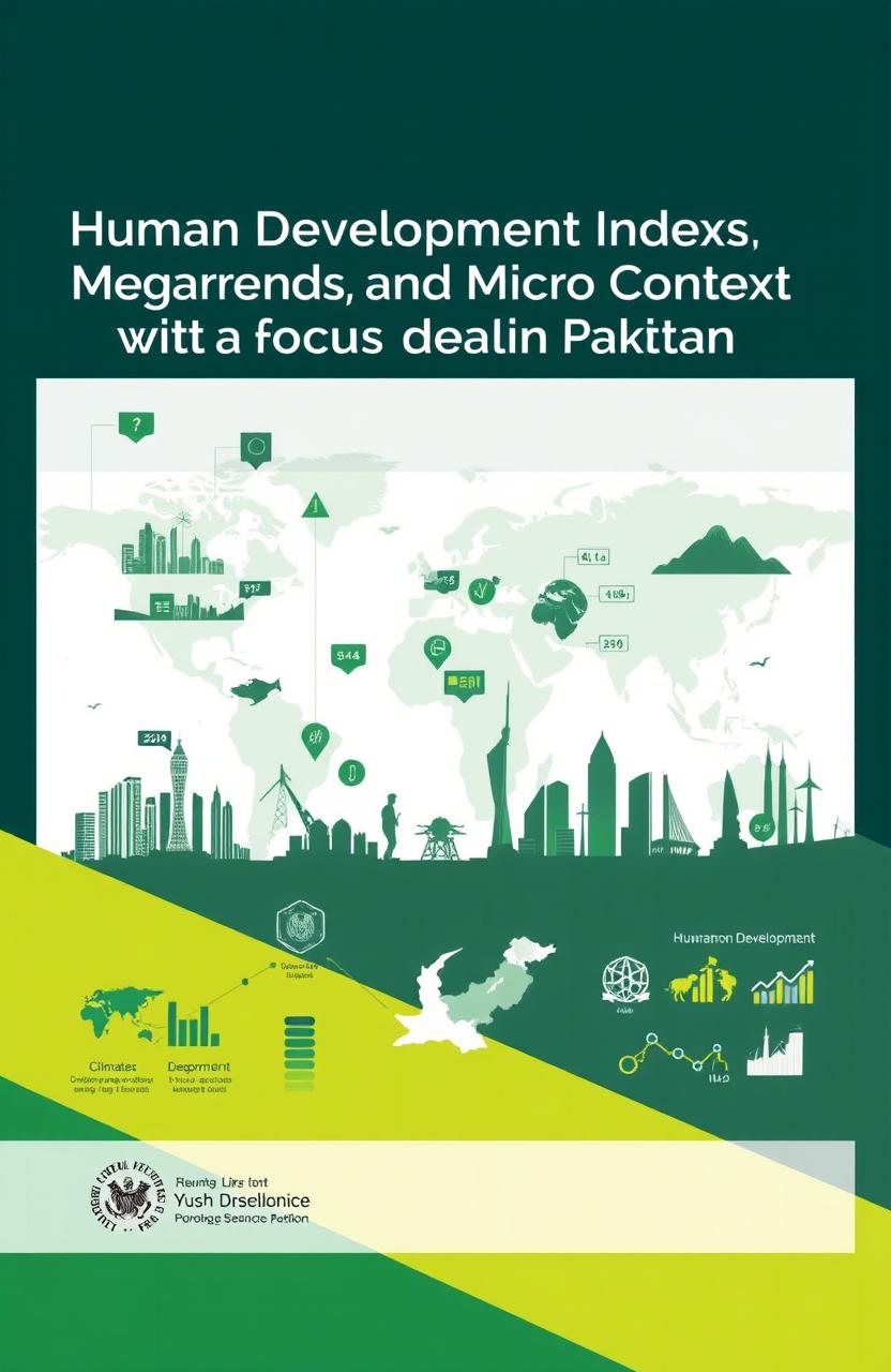 A visually engaging cover page for a document on 'Human Development Index, Megatrends, and Micro Trends in the Global Context with a Focus on Pakistan'