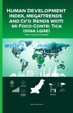 A visually engaging cover page for a document on 'Human Development Index, Megatrends, and Micro Trends in the Global Context with a Focus on Pakistan'