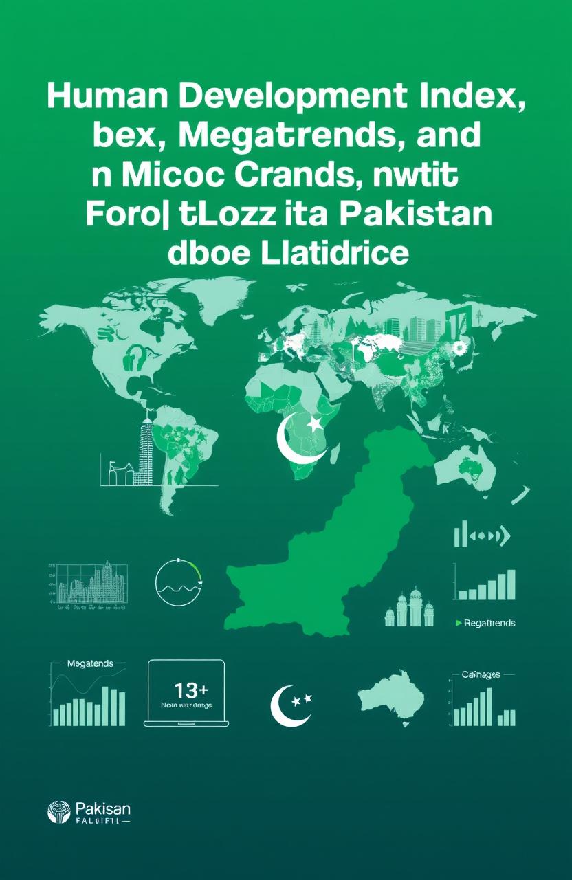 A visually engaging cover page for a document on 'Human Development Index, Megatrends, and Micro Trends in the Global Context with a Focus on Pakistan'