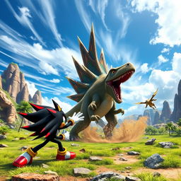 An action-packed scene featuring Shadow the Hedgehog engaged in a fierce battle against a majestic, accurately depicted Spinosaurus