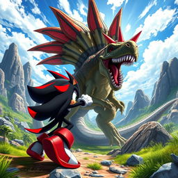 An action-packed scene featuring Shadow the Hedgehog engaged in a fierce battle against a majestic, accurately depicted Spinosaurus