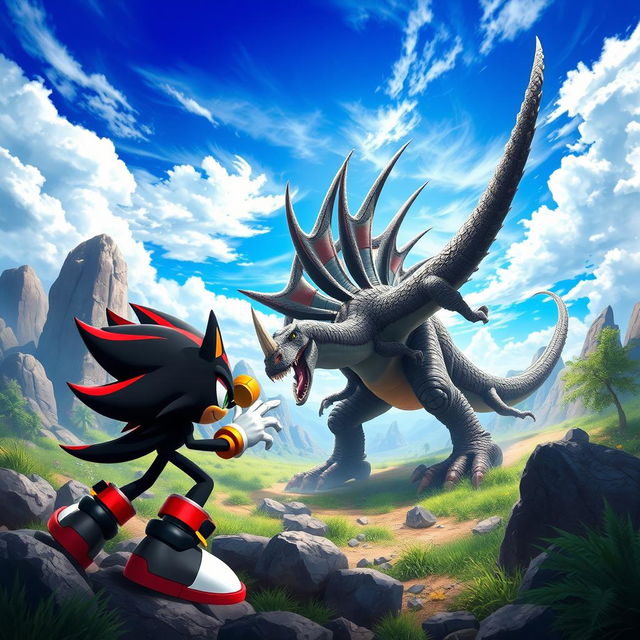 An action-packed scene featuring Shadow the Hedgehog engaged in a fierce battle against a majestic, accurately depicted Spinosaurus