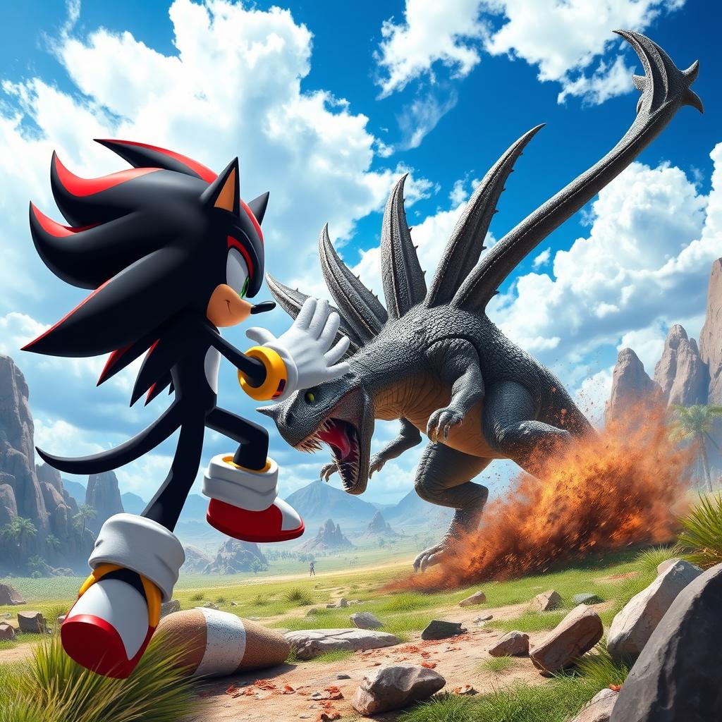 An action-packed scene featuring Shadow the Hedgehog engaged in a fierce battle against a majestic, accurately depicted Spinosaurus