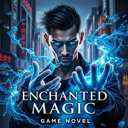 A visually striking book cover for 'ENCHANTED MAGIC', featuring a man with a mesmerizing blue glow in his eyes, depicted in a three-quarter view