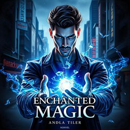 A visually striking book cover for 'ENCHANTED MAGIC', featuring a man with a mesmerizing blue glow in his eyes, depicted in a three-quarter view