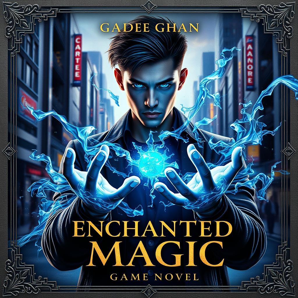 A visually striking book cover for 'ENCHANTED MAGIC', featuring a man with a mesmerizing blue glow in his eyes, depicted in a three-quarter view