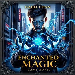 A visually striking book cover for 'ENCHANTED MAGIC', featuring a man with a mesmerizing blue glow in his eyes, depicted in a three-quarter view